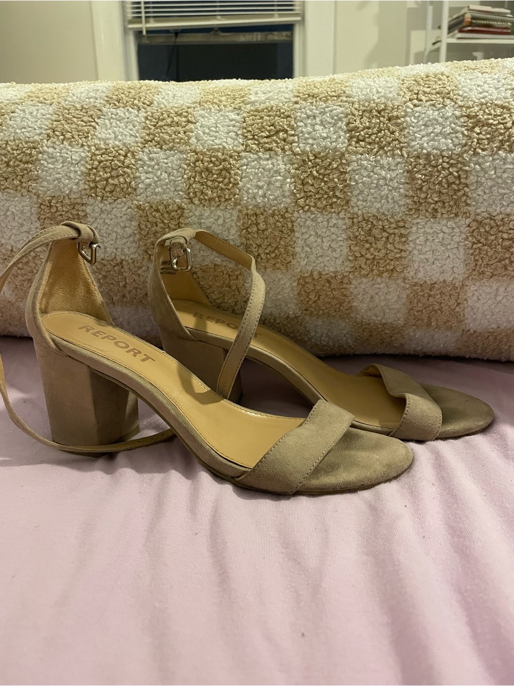 Report Beige Suede Block Heel Sandals with Ankle Strap